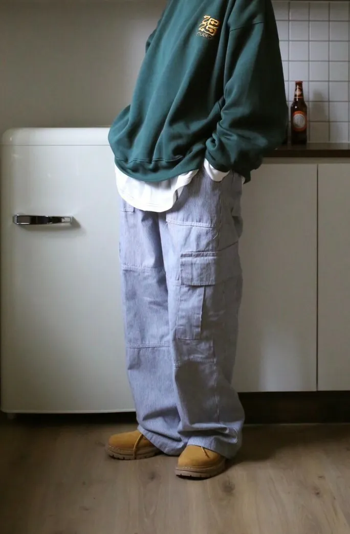 Korea|細直條口袋工作褲:圖片 2